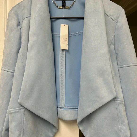 NWT White House Black Market Faux Suede Drape Front Jacket Baby Blue Size M